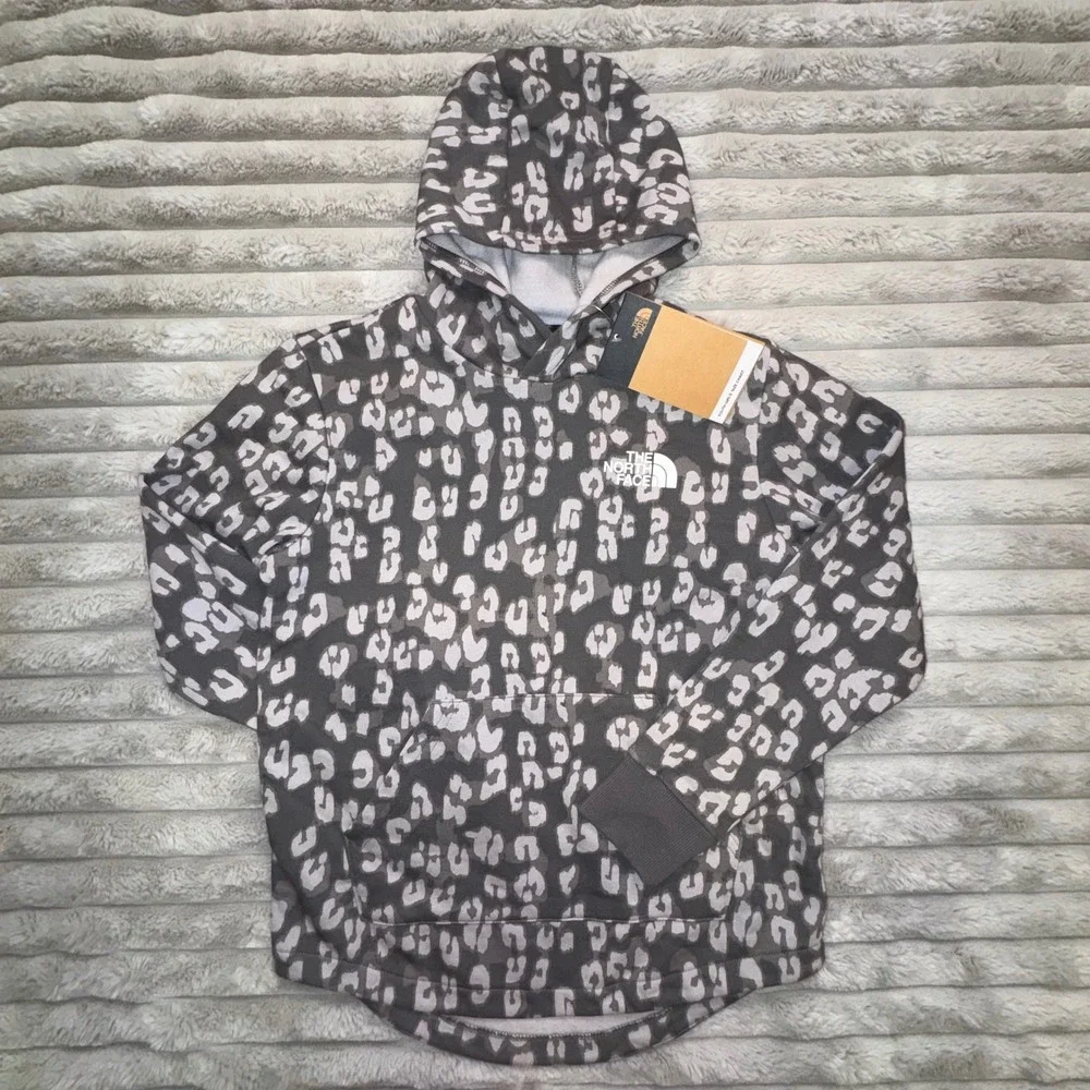 The North Face Girls M 10 12 Camp Fleece Pullover Hoodie Sweatshirt Grey Leopard